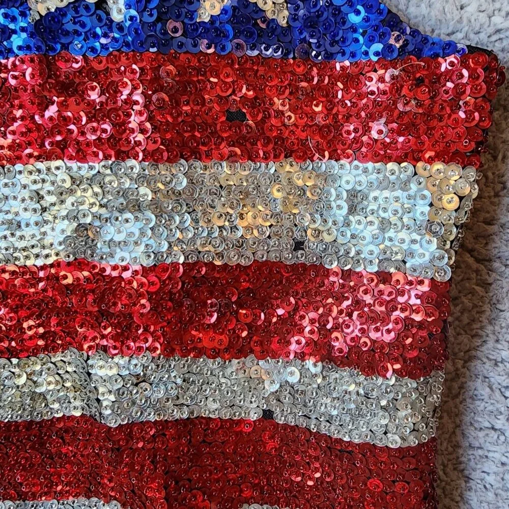 Bali Collection Unisex Snap Button Vest Sequin USA Flag Patriotic Star Stripes L